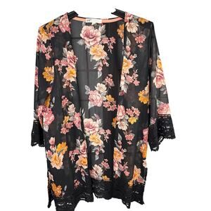 Jolt black floral print sheer kimono with crochet trim Size Small
